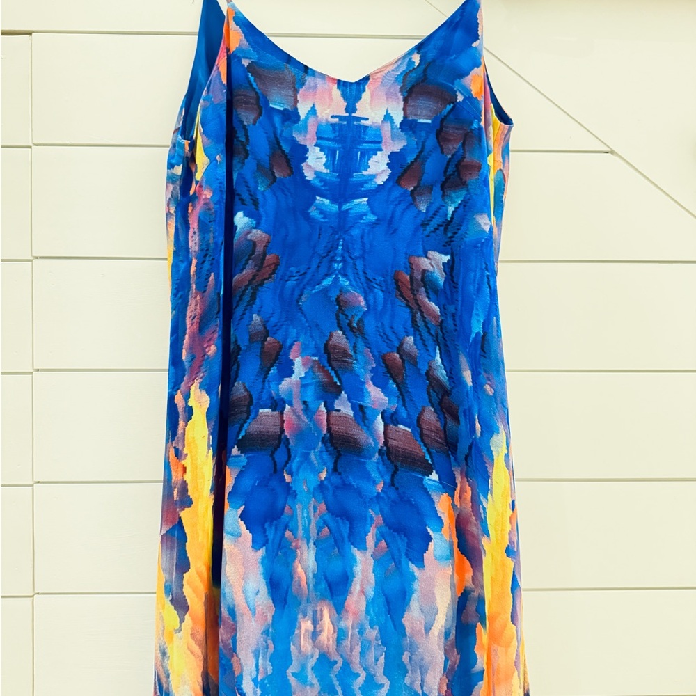 Lulus, Blue Flowy Maxi,Watercolor Pattern Spaghetti Strap Dress, W Slit, Sz: M - Picture 6 of 7